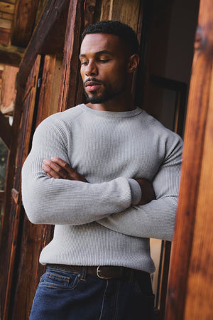 Pure Cotton Knitted Textured Crew Neck Sweater in Soft Grey Marl