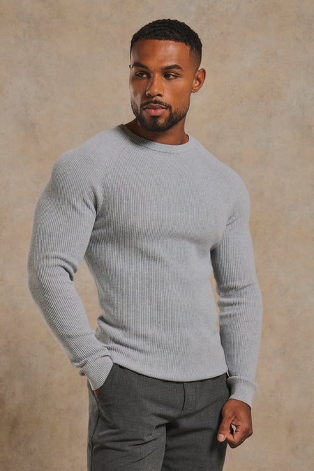 Pure Cotton Knitted Textured Crew Neck Sweater in Soft Grey Marl