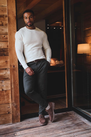Pure Cotton Knitted Textured Crew Neck Sweater in Winter White