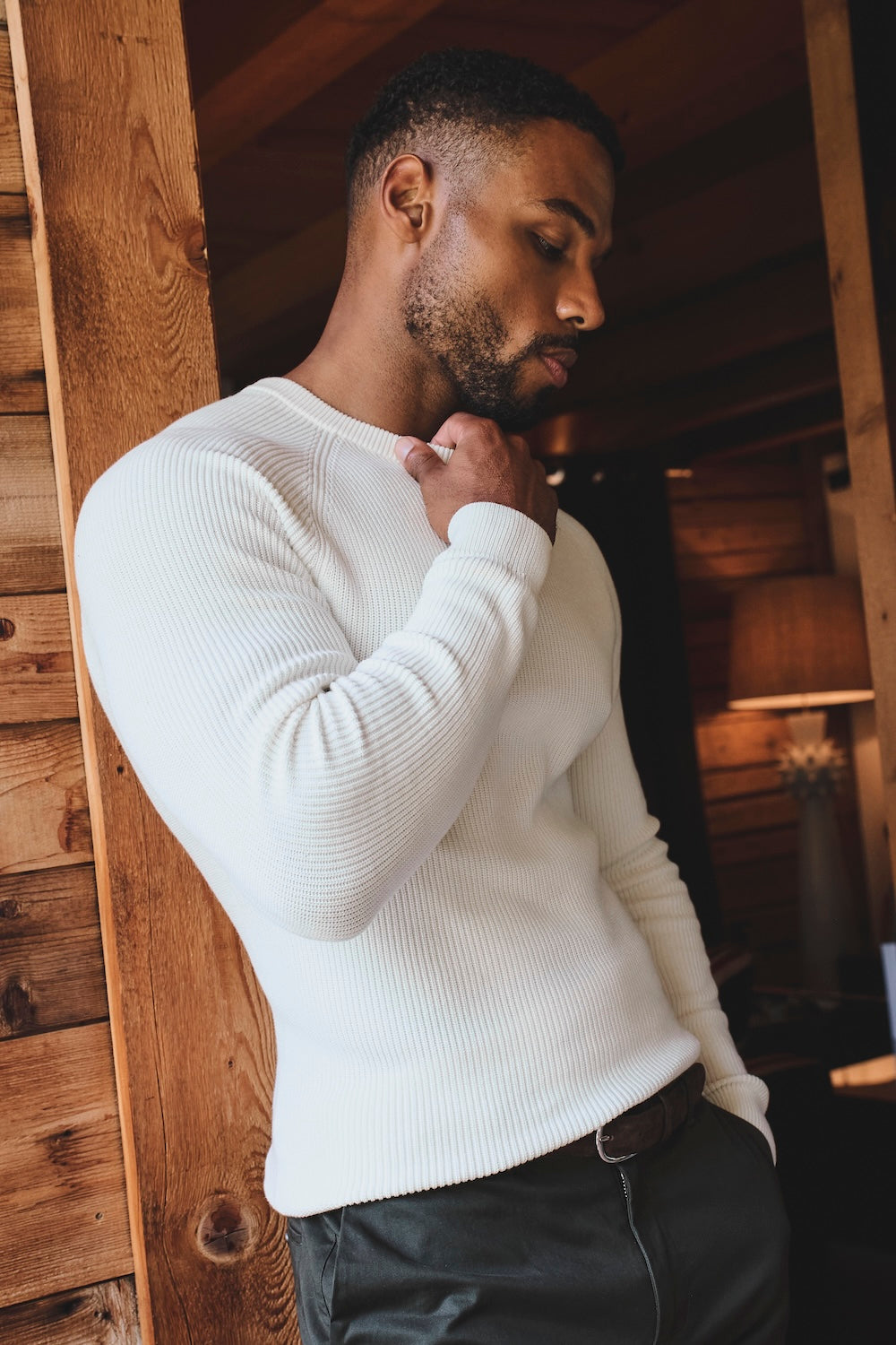 Pure Cotton Knitted Textured Crew Neck Sweater in Winter White