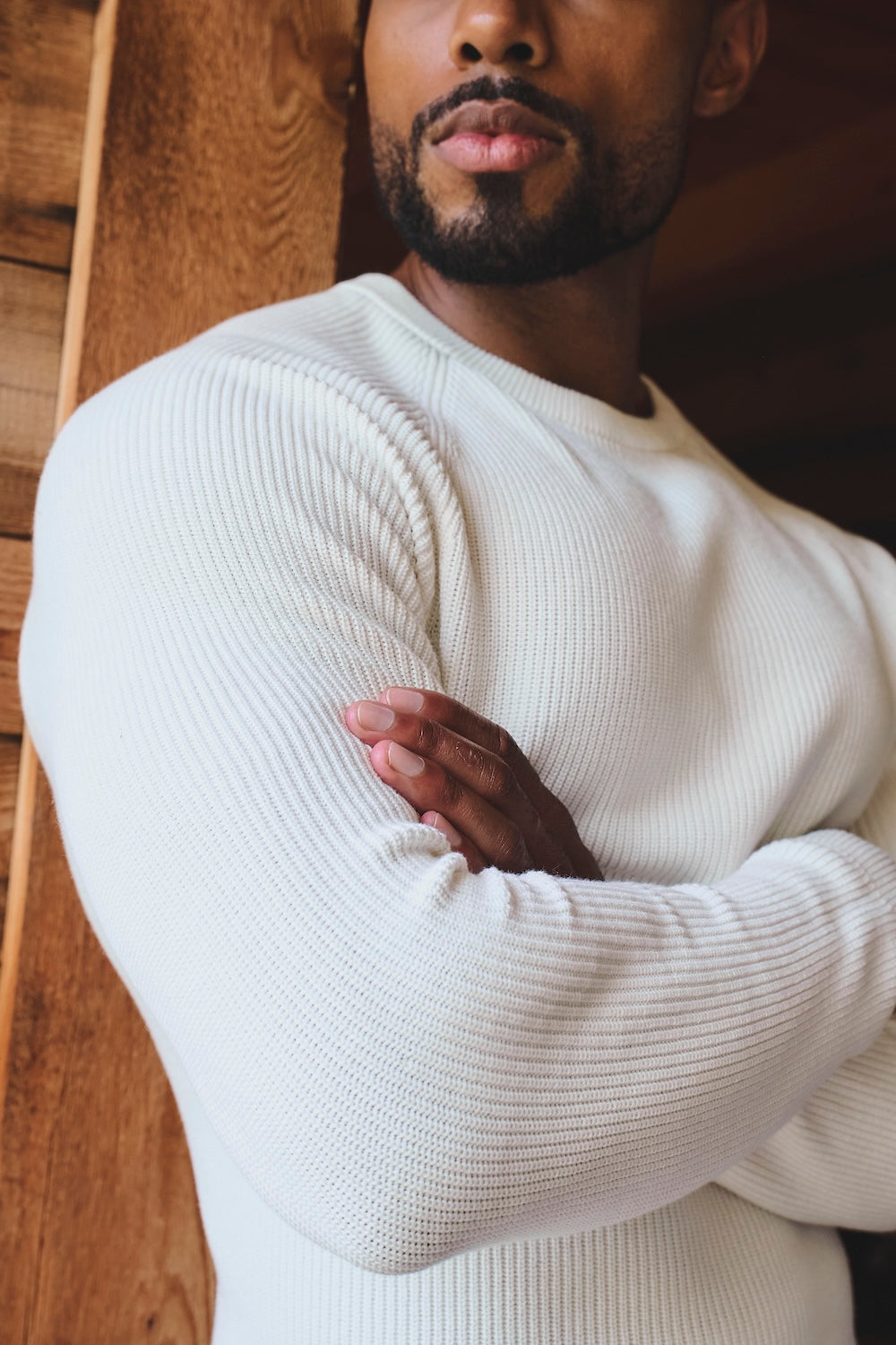 Pure Cotton Knitted Textured Crew Neck Sweater in Winter White