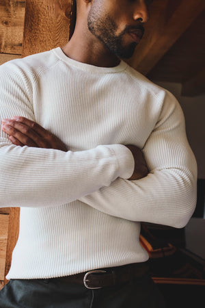 Pure Cotton Knitted Textured Crew Neck Sweater in Winter White