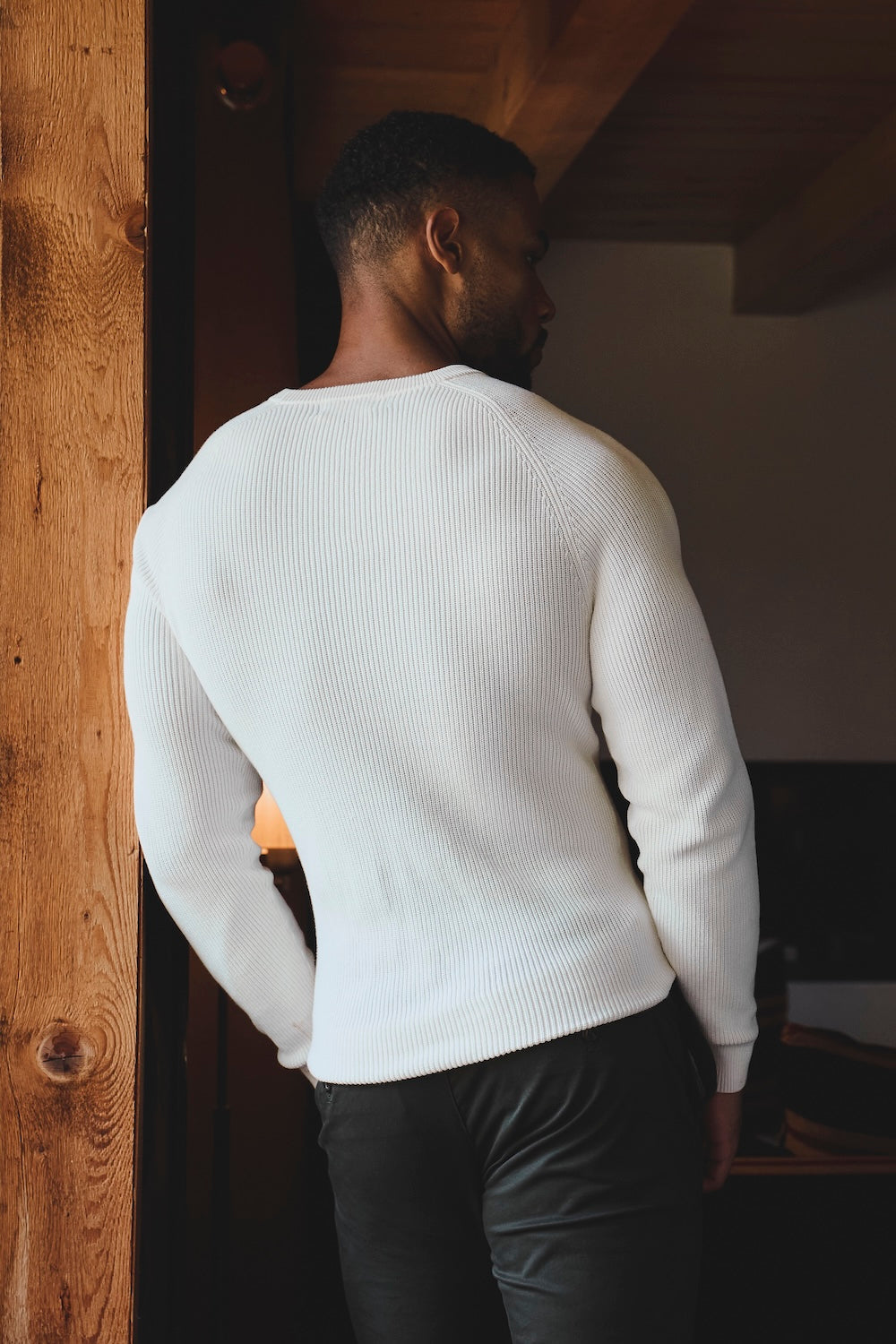 Pure Cotton Knitted Textured Crew Neck Sweater in Winter White