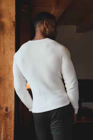 Pure Cotton Knitted Textured Crew Neck Sweater in Winter White