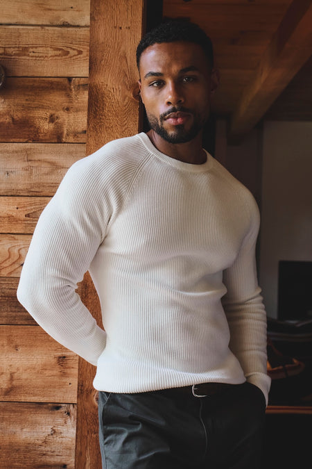 Pure Cotton Knitted Textured Crew Neck Sweater in Winter White