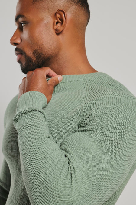 Pure Cotton Knitted Textured Crew Neck Sweater in Sage