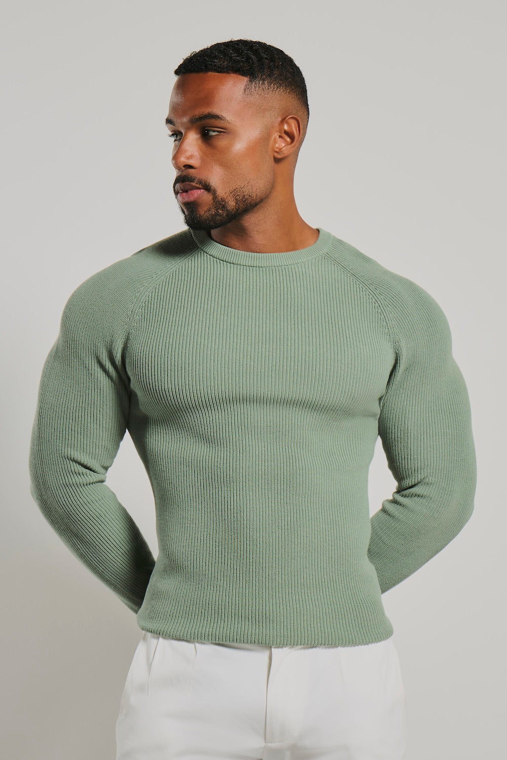 Pure Cotton Knitted Textured Crew Neck Sweater in Sage