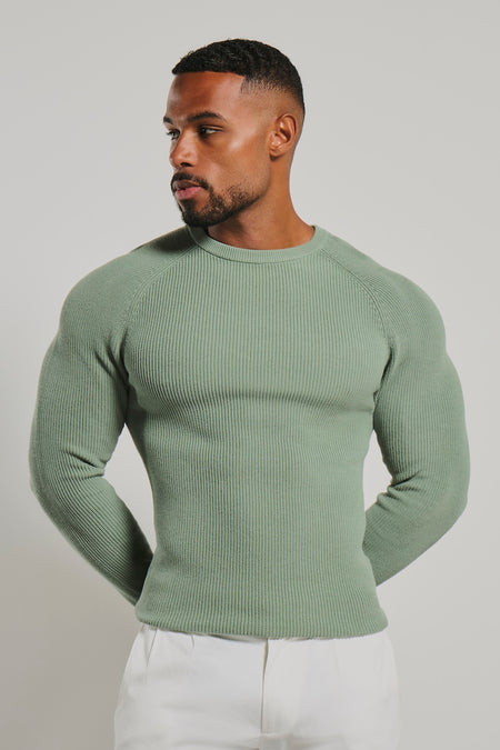 Pure Cotton Knitted Textured Crew Neck Sweater in Sage