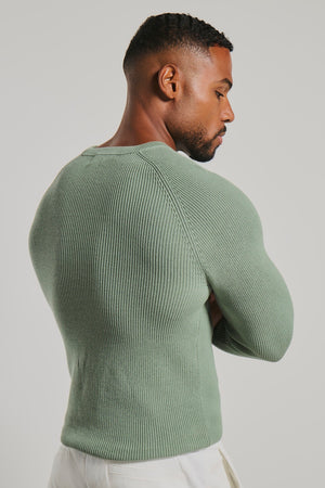 Pure Cotton Knitted Textured Crew Neck Sweater in Sage