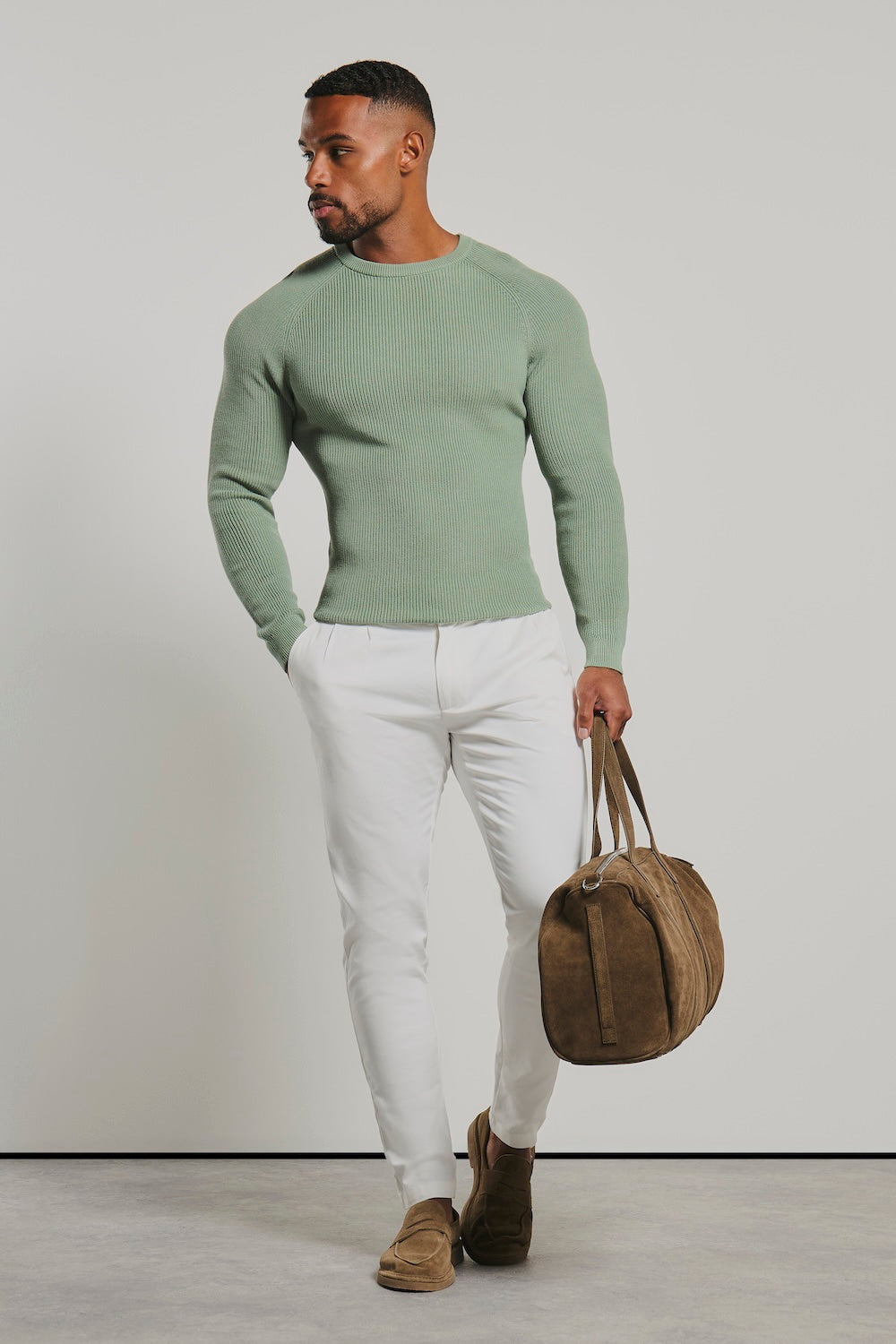 Pure Cotton Knitted Textured Crew Neck Sweater in Sage