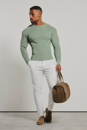 Pure Cotton Knitted Textured Crew Neck Sweater in Sage