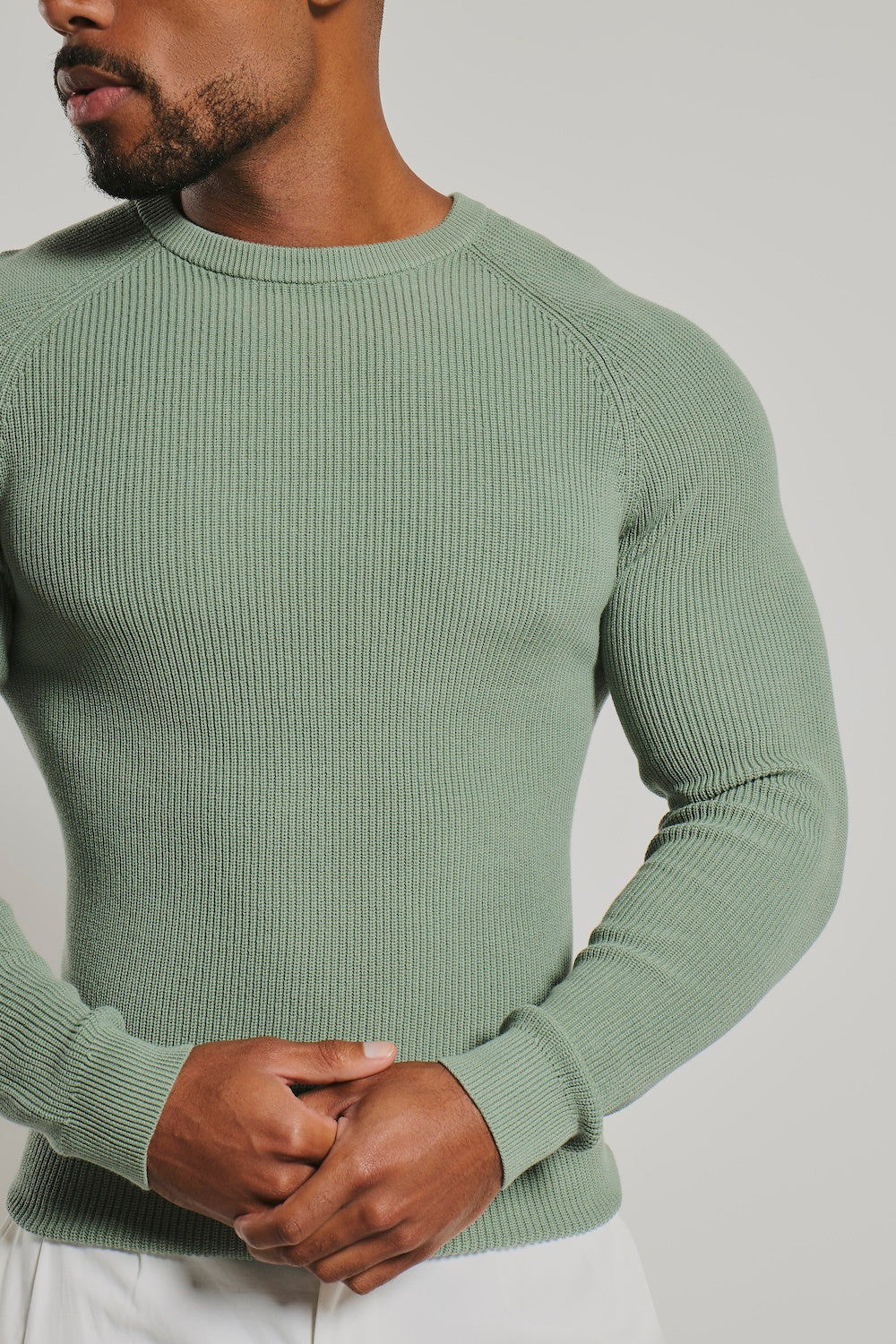 Pure Cotton Knitted Textured Crew Neck Sweater in Sage
