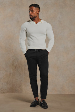 Pure Cotton Knitted Open Collar Polo Shirt in Winter White