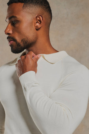 Pure Cotton Knitted Open Collar Polo Shirt in Winter White