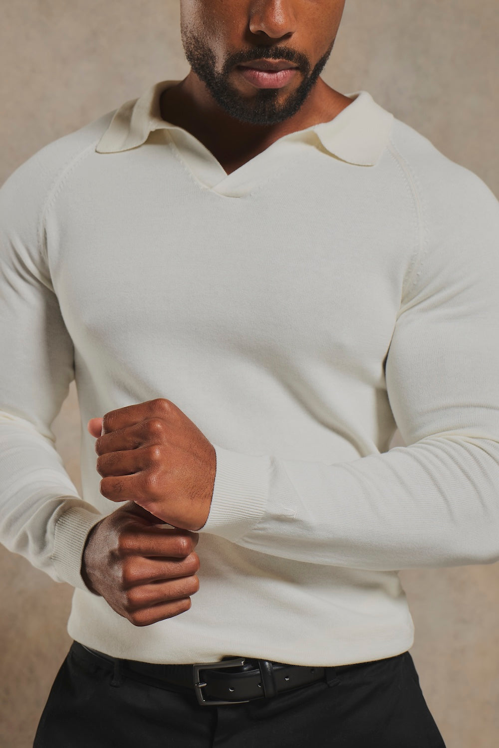 Pure Cotton Knitted Open Collar Polo Shirt in Winter White