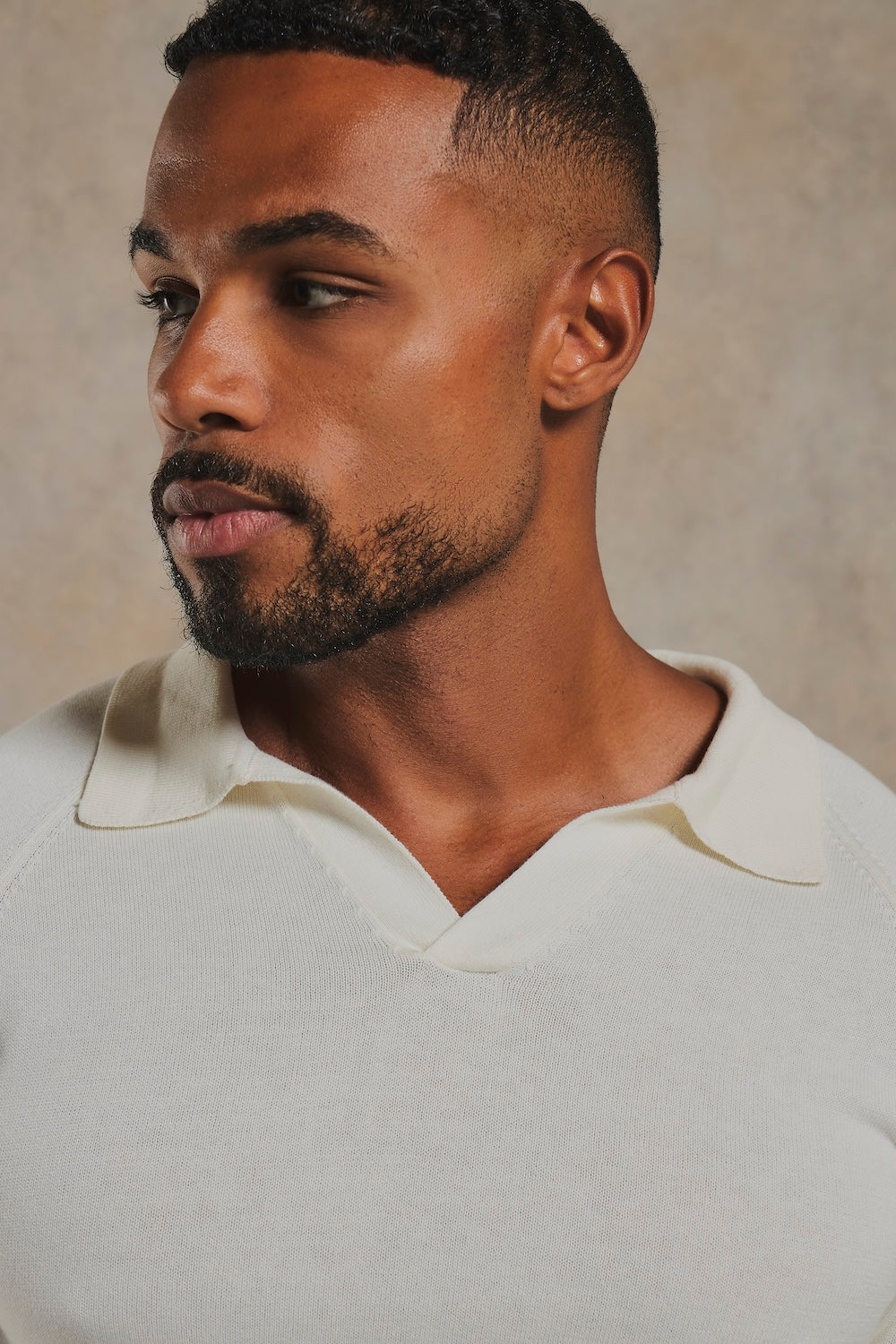 Pure Cotton Knitted Open Collar Polo Shirt in Winter White