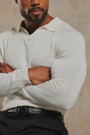 Pure Cotton Knitted Open Collar Polo Shirt in Winter White