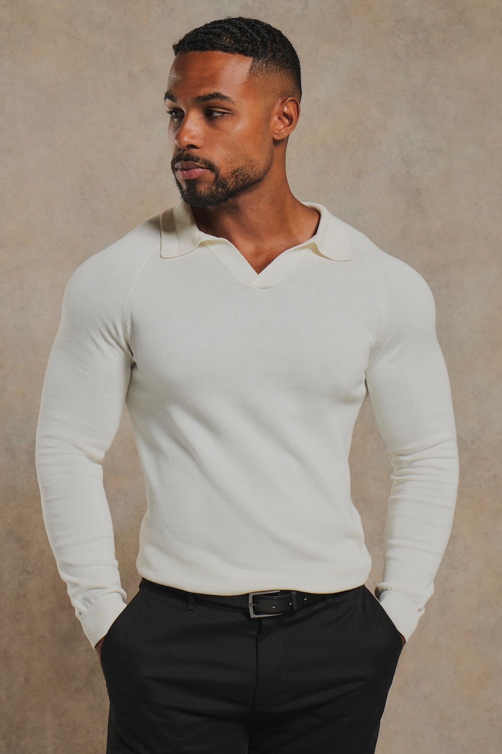 Pure Cotton Knitted Open Collar Polo Shirt in Winter White
