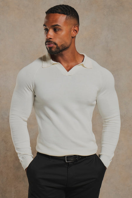 Pure Cotton Knitted Open Collar Polo Shirt in Winter White