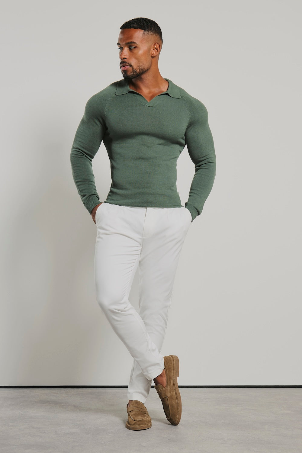 Pure Cotton Knitted Open Collar Polo Shirt in Moss Green