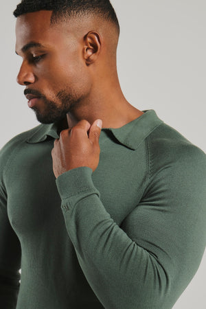 Pure Cotton Knitted Open Collar Polo Shirt in Moss Green