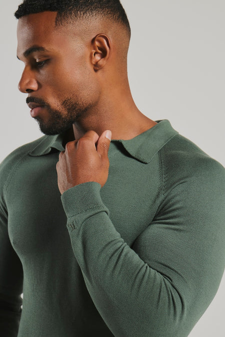 Pure Cotton Knitted Open Collar Polo Shirt in Moss Green