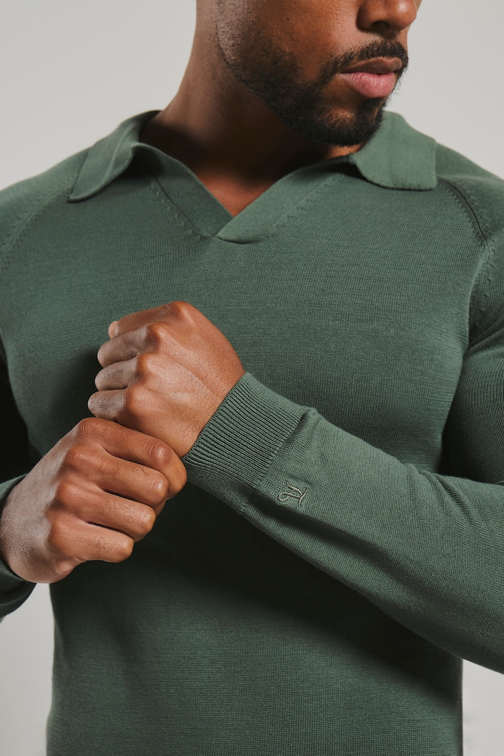 Pure Cotton Knitted Open Collar Polo Shirt in Moss Green