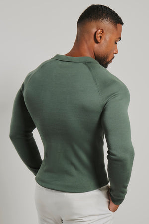 Pure Cotton Knitted Open Collar Polo Shirt in Moss Green