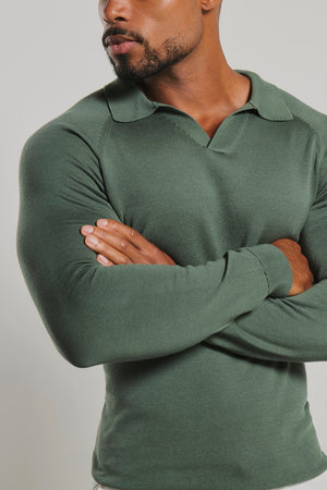 Pure Cotton Knitted Open Collar Polo Shirt in Moss Green
