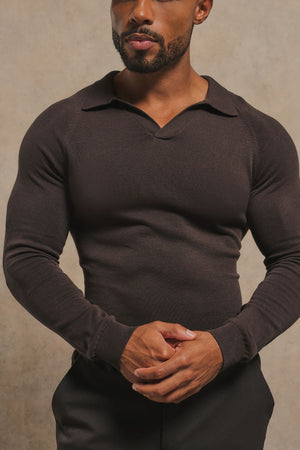 Pure Cotton Knitted Open Collar Polo Shirt in Chocolate