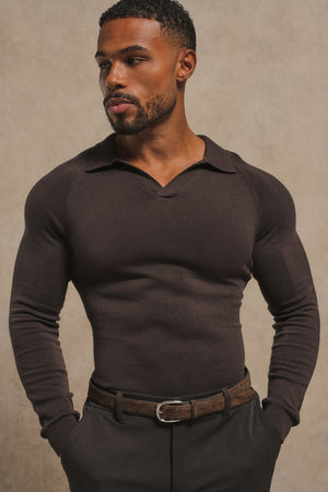 Pure Cotton Knitted Open Collar Polo Shirt in Chocolate