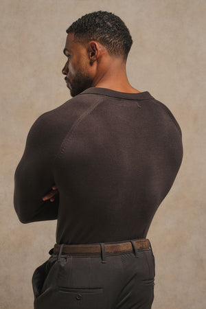 Pure Cotton Knitted Open Collar Polo Shirt in Chocolate