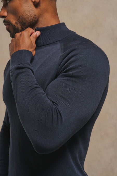 Pure Cotton Knitted Half Zip Neck Sweater in Navy
