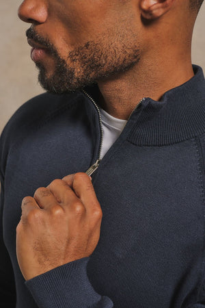 Pure Cotton Knitted Half Zip Neck Sweater in Navy