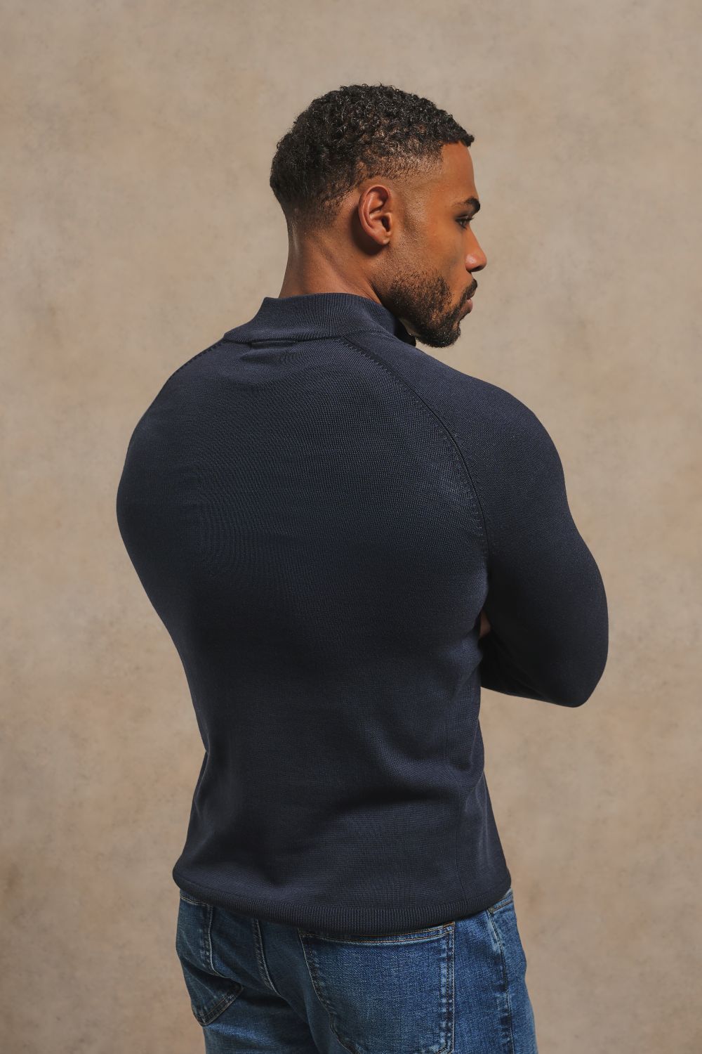 Pure Cotton Knitted Half Zip Neck Sweater in Navy