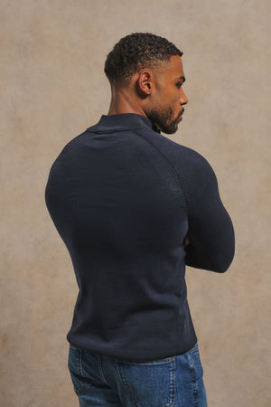 Pure Cotton Knitted Half Zip Neck Sweater in Navy