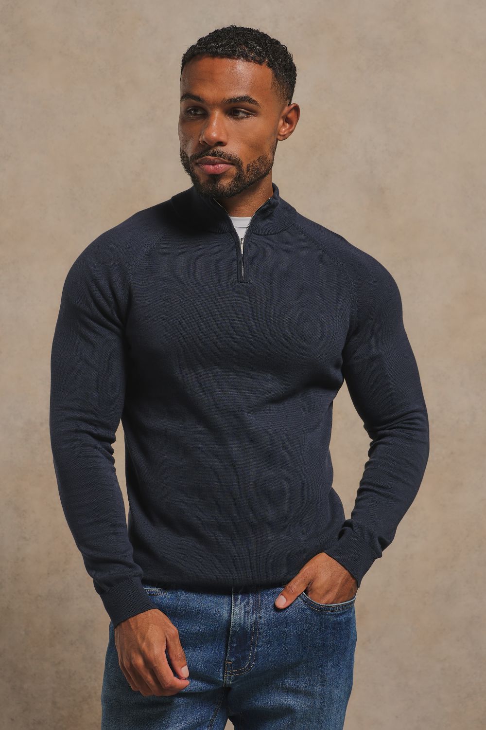 Pure Cotton Knitted Half Zip Neck Sweater in Navy