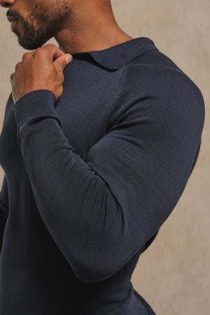 Pure Cotton Knitted Open Collar Polo Shirt in Navy