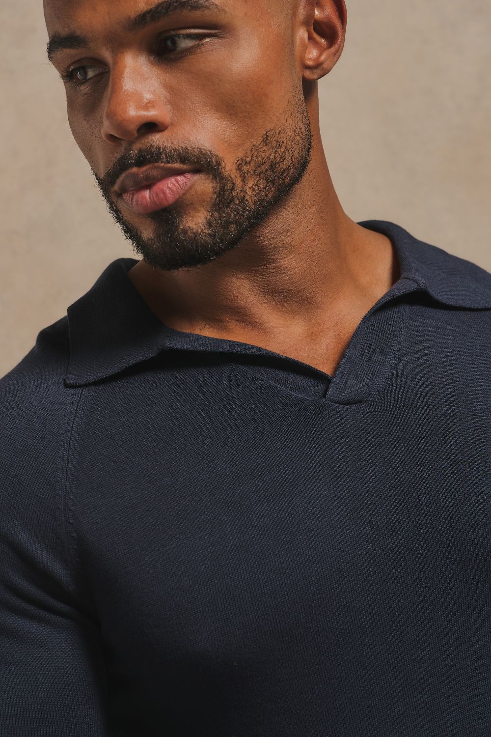 Pure Cotton Knitted Open Collar Polo Shirt in Navy
