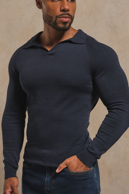 Pure Cotton Knitted Open Collar Polo Shirt in Navy
