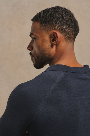 Pure Cotton Knitted Open Collar Polo Shirt in Navy