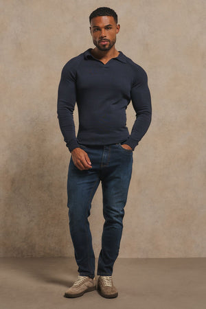 Pure Cotton Knitted Open Collar Polo Shirt in Navy