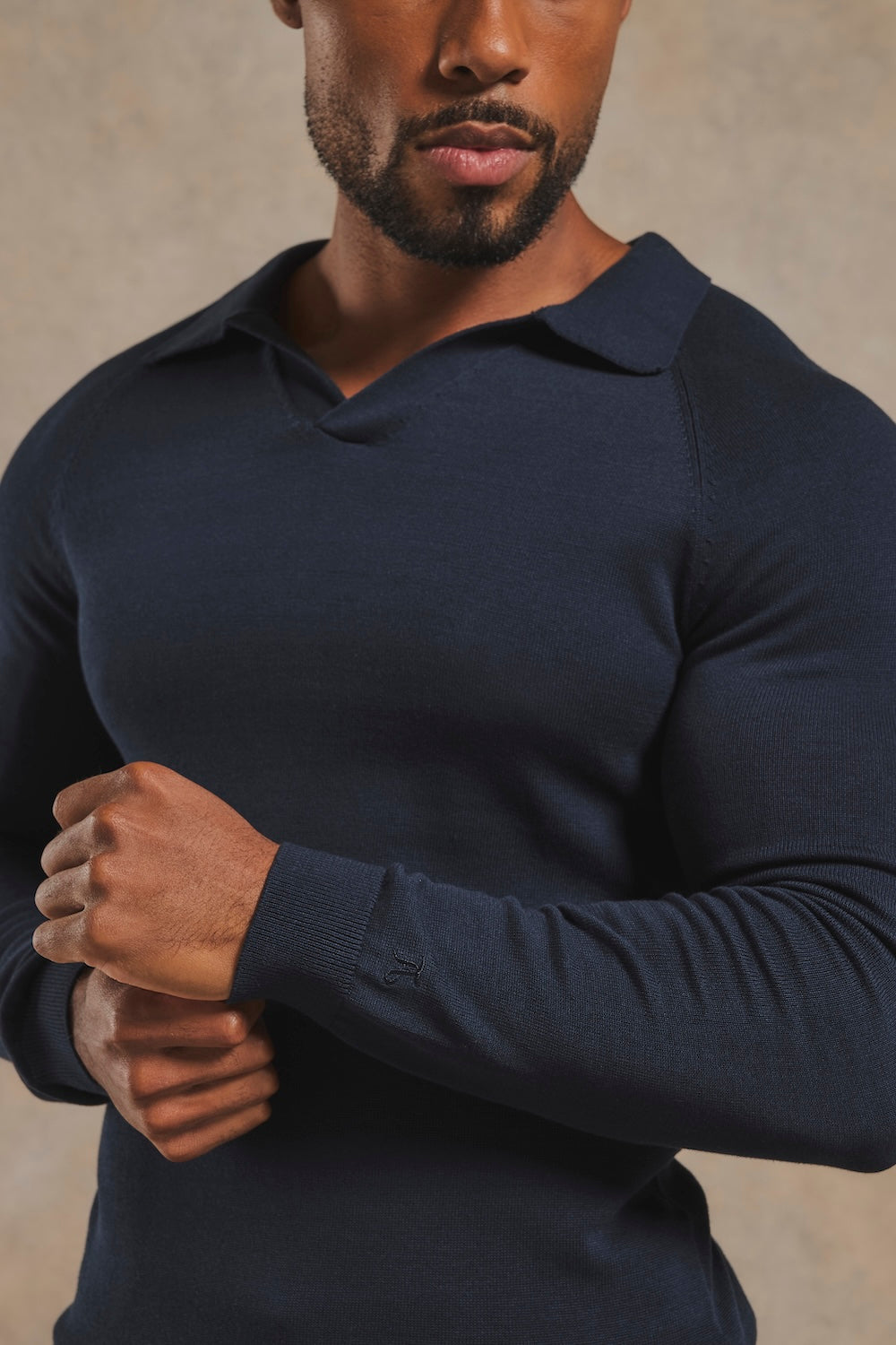 Pure Cotton Knitted Open Collar Polo Shirt in Navy