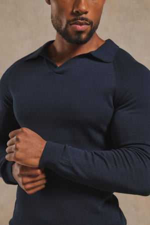 Pure Cotton Knitted Open Collar Polo Shirt in Navy