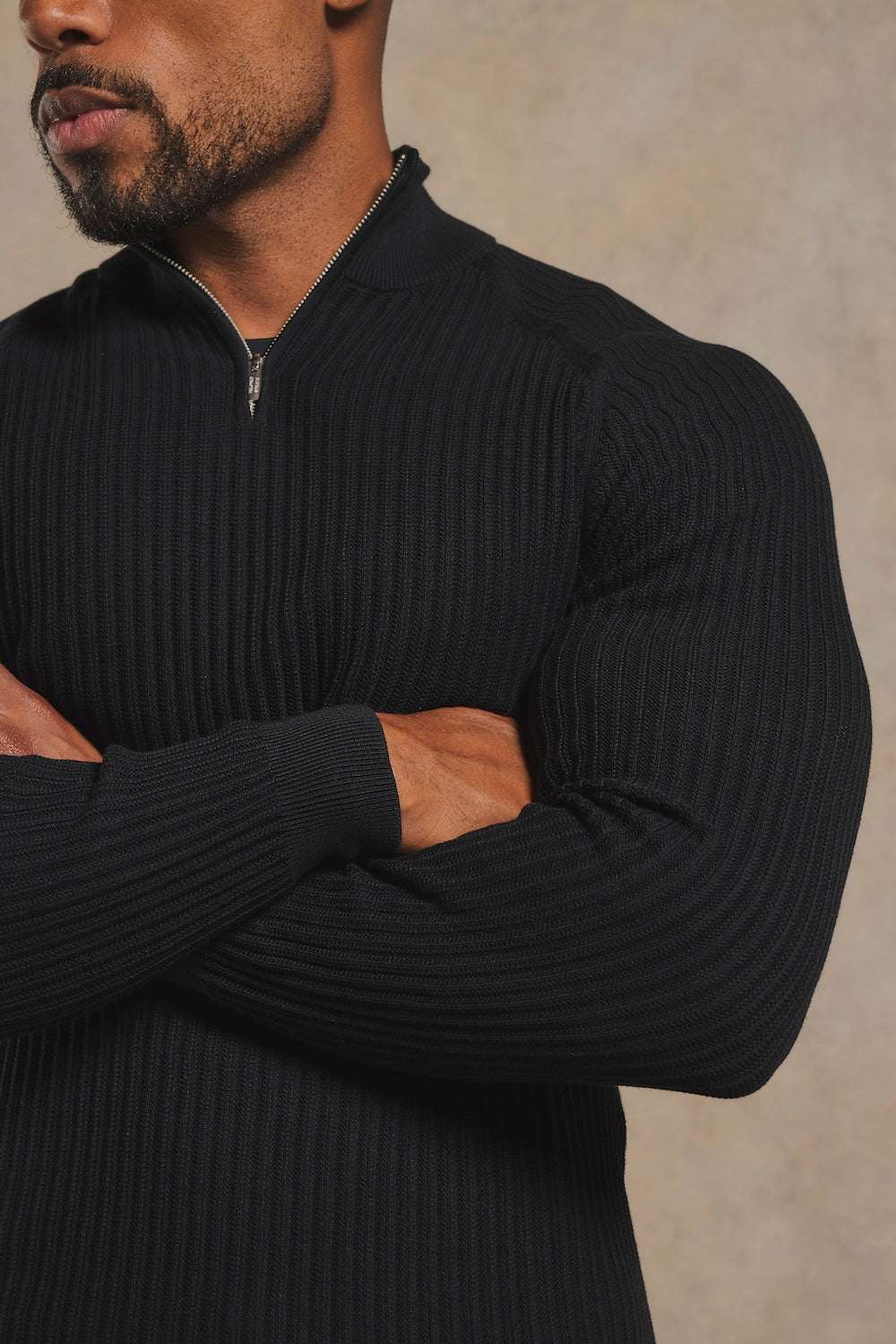 Textured Knitted Half Zip Neck Sweater in Black