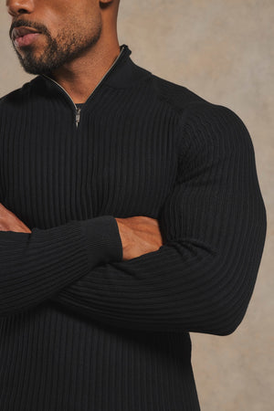 Textured Knitted Half Zip Neck Sweater in Black