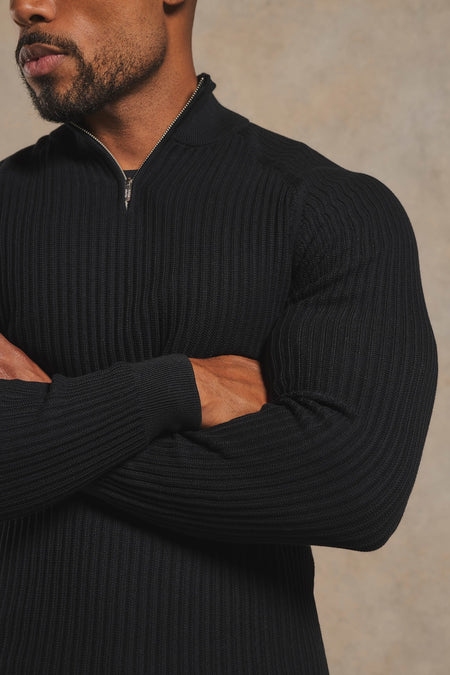 Textured Knitted Half Zip Neck Sweater in Black
