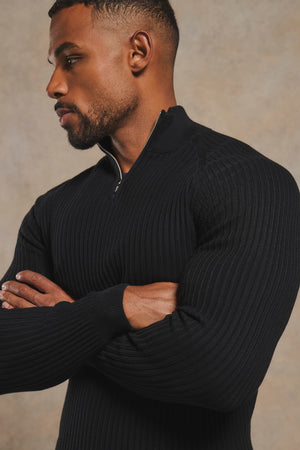 Textured Knitted Half Zip Neck Sweater in Black