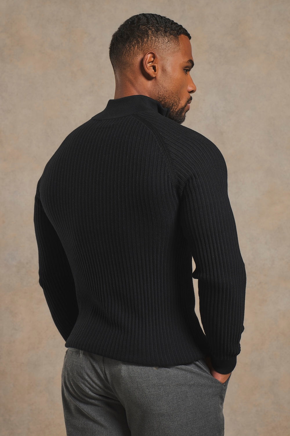 Textured Knitted Half Zip Neck Sweater in Black
