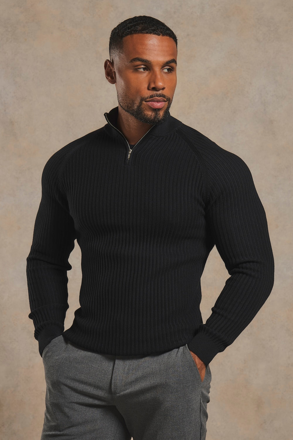 Textured Knitted Half Zip Neck Sweater in Black